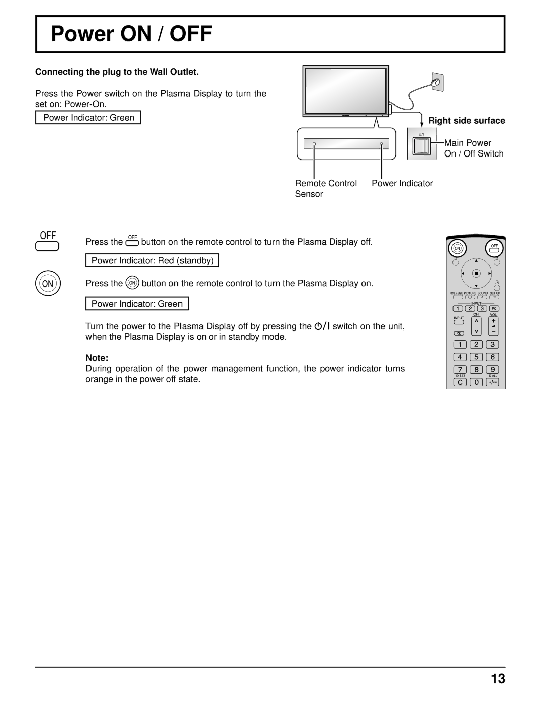 Panasonic TH-85PF12U operating instructions Power on / OFF, Connecting the plug to the Wall Outlet, Right side surface 