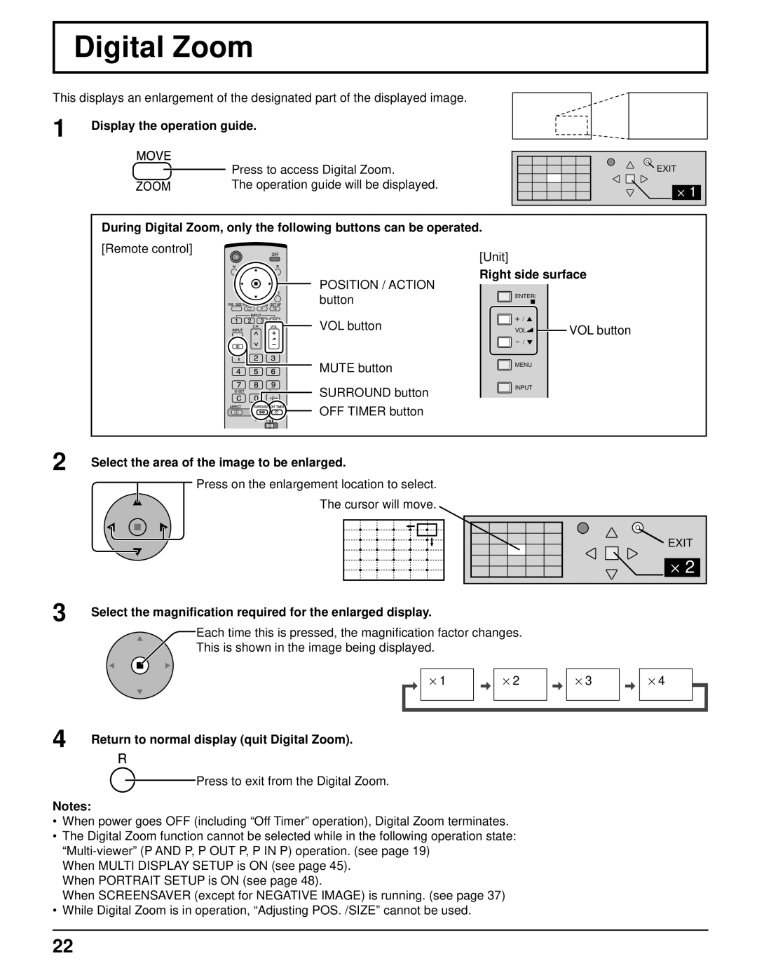 Panasonic TH-85PF12U Digital Zoom, Display the operation guide, Select the area of the image to be enlarged 