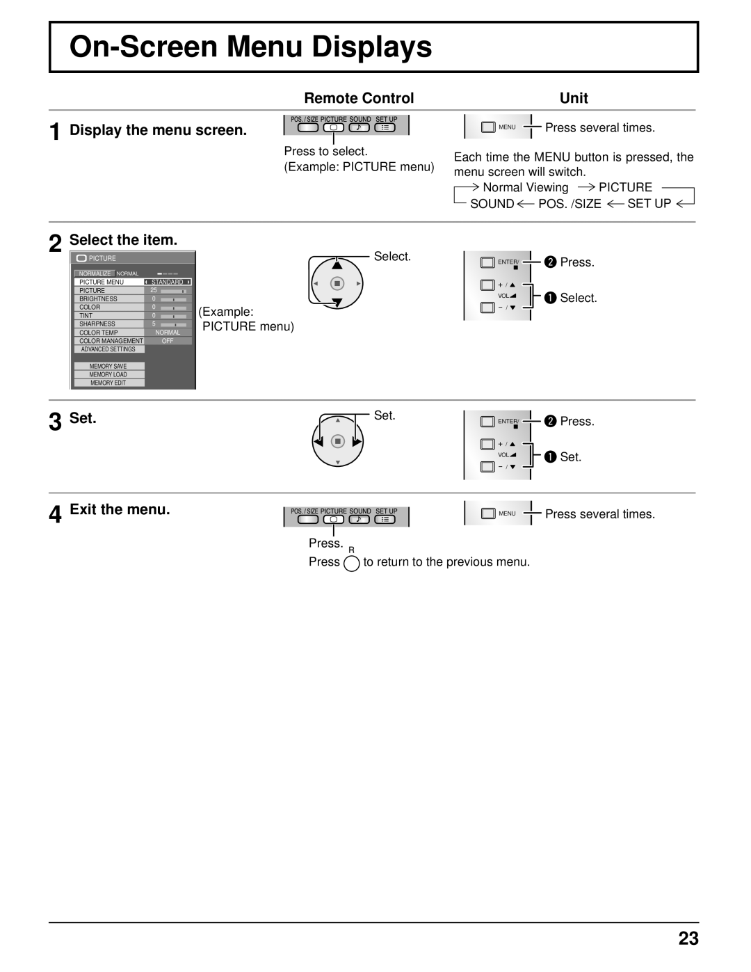 Panasonic TH-85PF12U On-Screen Menu Displays, Remote Control Unit Display the menu screen, Select the item, Set 