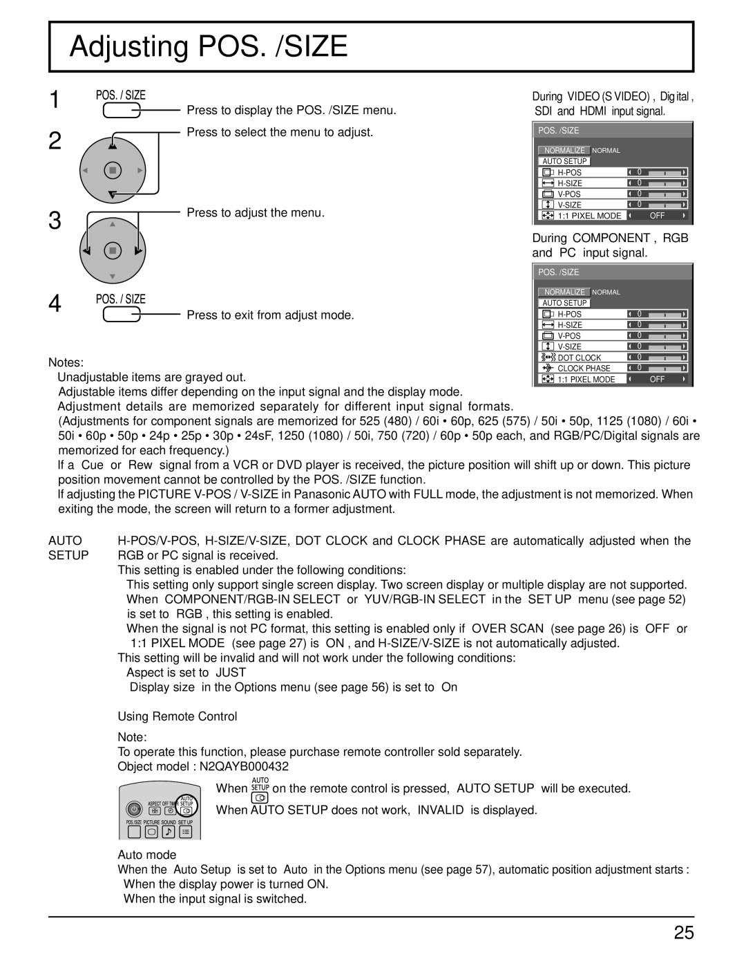 Panasonic TH-85PF12U operating instructions Adjusting POS. /SIZE, Using Remote Control, Auto mode 