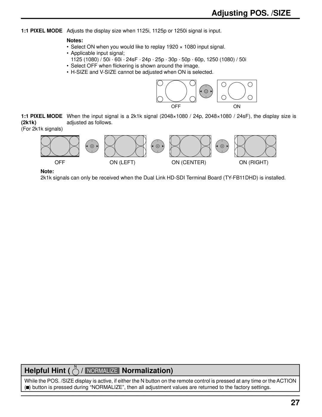 Panasonic TH-85PF12U operating instructions 2k1k, OFF On Left On Center On Right 