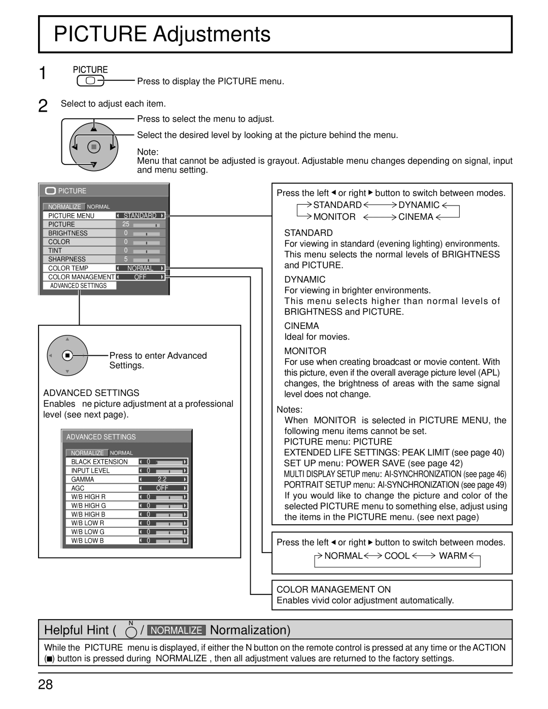 Panasonic TH-85PF12U operating instructions Picture Adjustments, Standard, Dynamic, Cinema, Monitor 