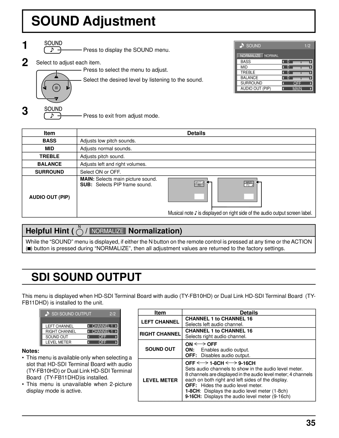 Panasonic TH-85PF12U operating instructions Sound Adjustment, SDI Sound Output 