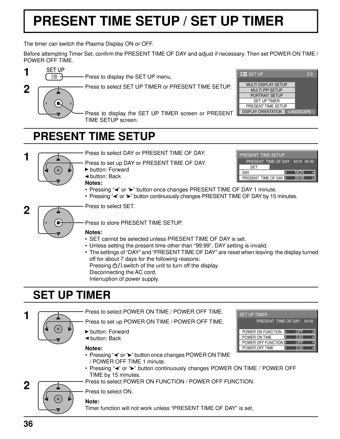 Panasonic TH-85PF12U operating instructions Present Time Setup, SET UP Timer, Power OFF Time 