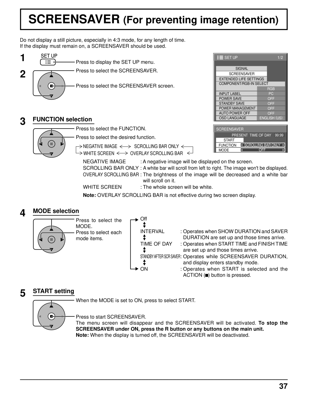 Panasonic TH-85PF12U Screensaver For preventing image retention, Function selection, Mode selection, Start setting 