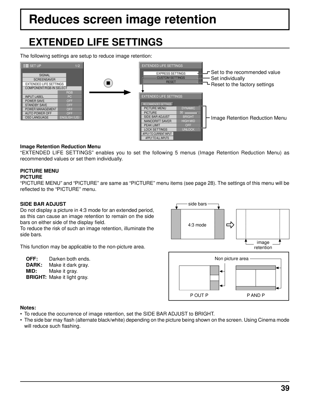 Panasonic TH-85PF12U Reduces screen image retention, Extended Life Settings, Image Retention Reduction Menu, Picture Menu 