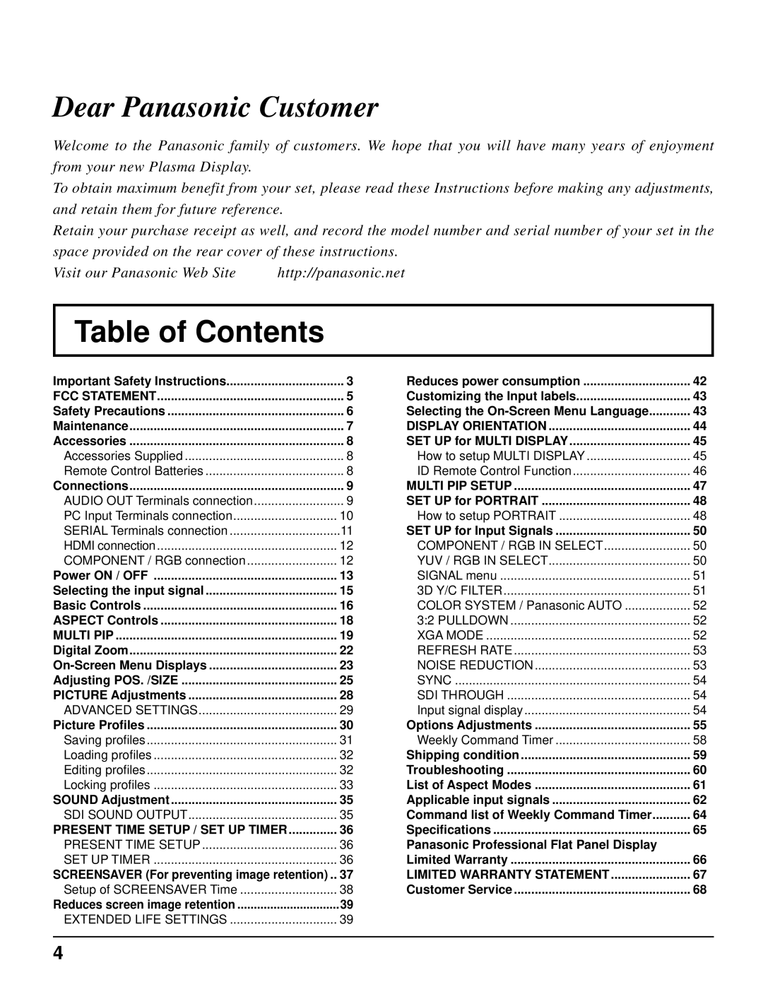 Panasonic TH-85PF12U operating instructions Table of Contents 