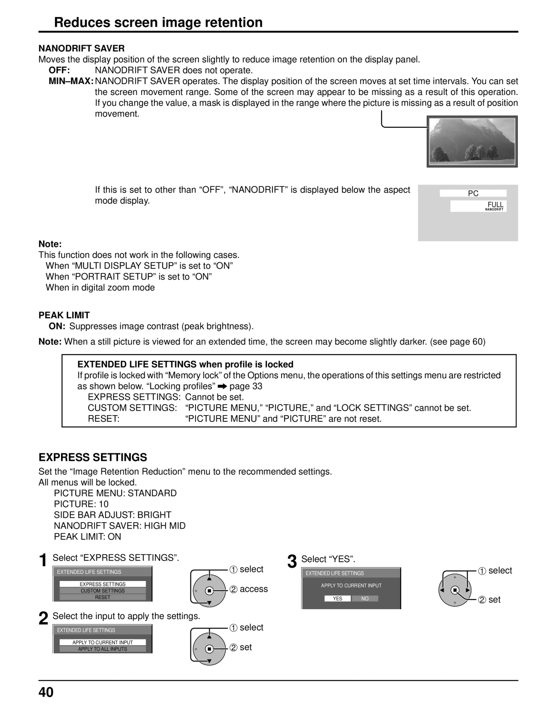 Panasonic TH-85PF12U operating instructions Reduces screen image retention, Nanodrift Saver, Peak Limit, Reset 