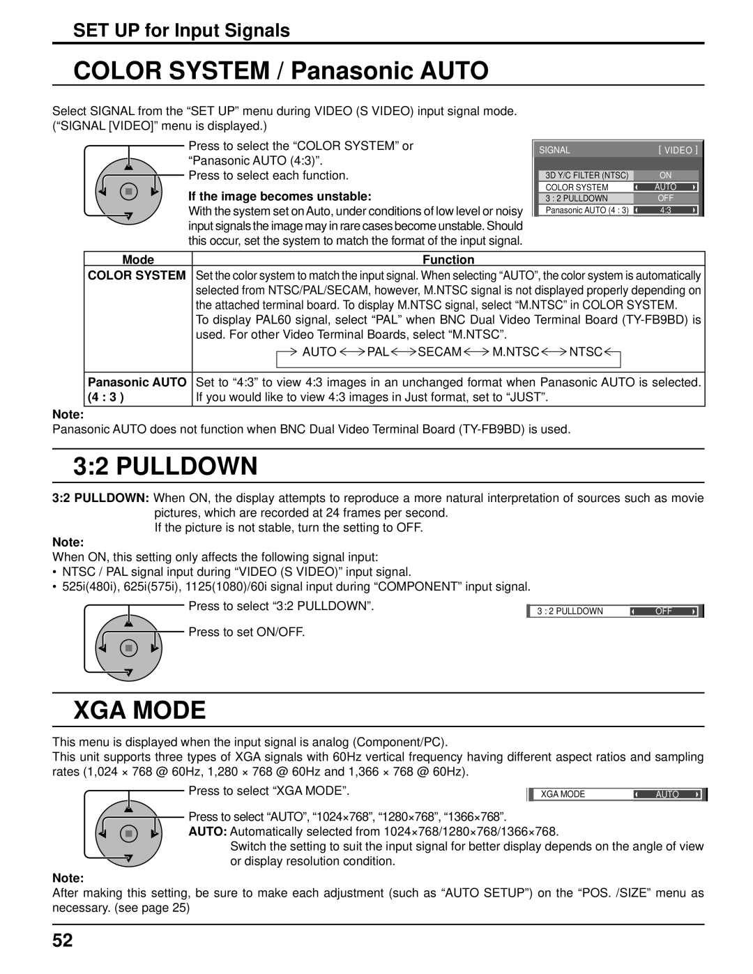 Panasonic TH-85PF12U operating instructions Color System / Panasonic Auto, Pulldown, XGA Mode 