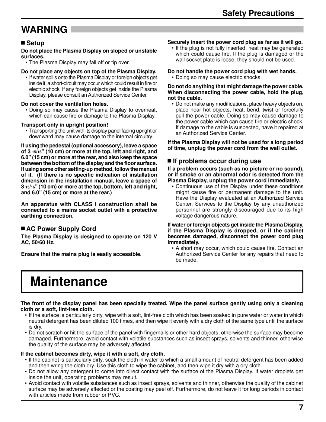 Panasonic TH-85PF12U Maintenance, Safety Precautions, Setup, AC Power Supply Cord, If problems occur during use 