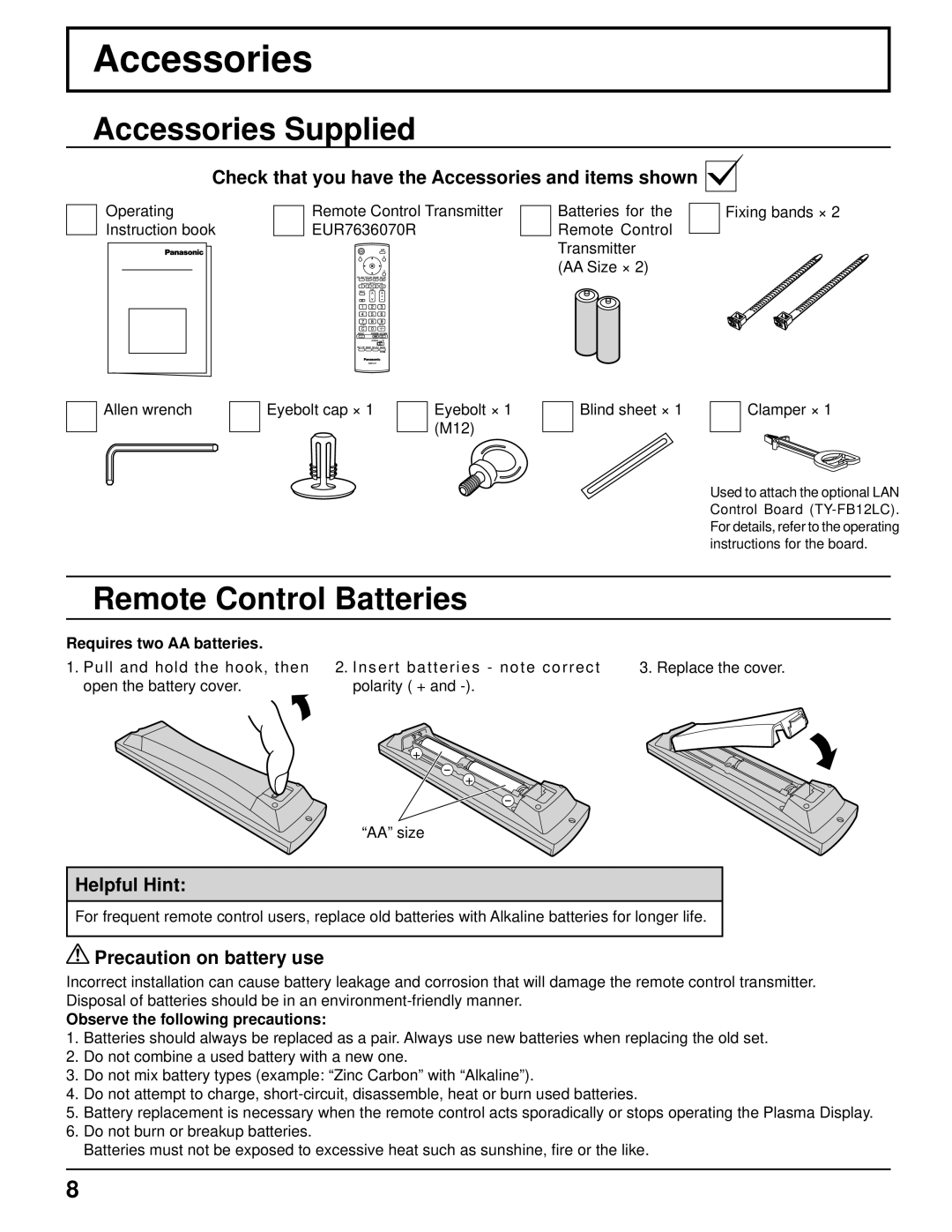 Panasonic TH-85PF12U operating instructions Accessories Supplied, Remote Control Batteries 