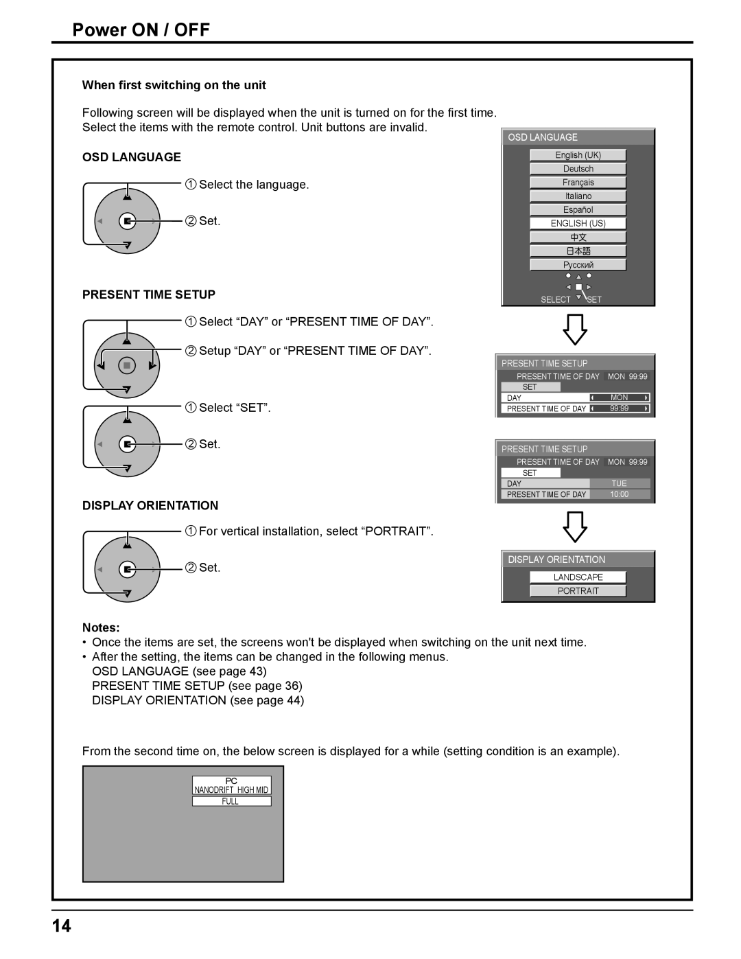 Panasonic TH-85PF12U Power on / OFF, When ﬁrst switching on the unit, OSD Language, Present Time Setup 