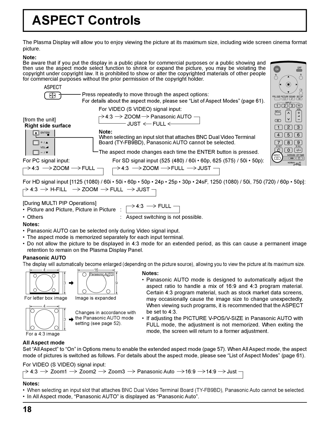 Panasonic TH-85PF12U operating instructions Aspect Controls, Panasonic Auto, All Aspect mode 