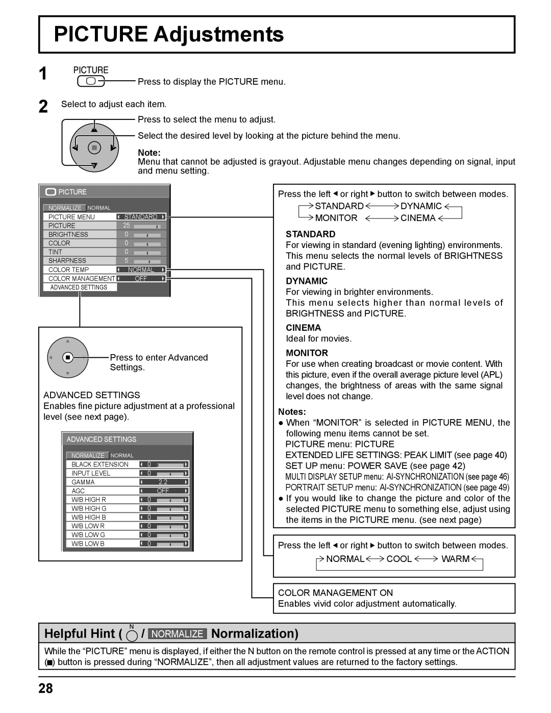 Panasonic TH-85PF12U operating instructions Picture Adjustments, Standard, Dynamic, Cinema, Monitor 