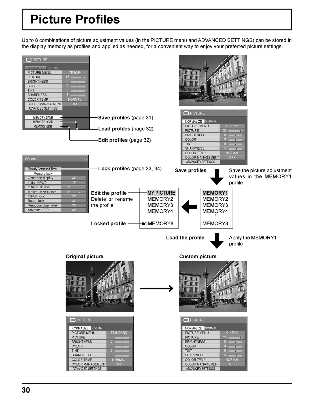 Panasonic TH-85PF12U operating instructions Picture Proﬁles, MY Picture MEMORY1 