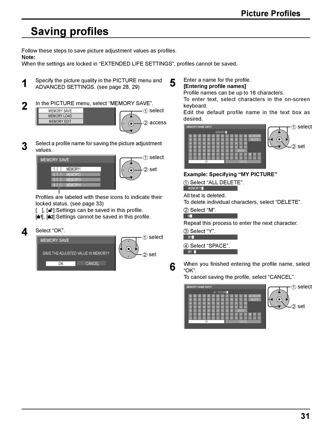 Panasonic TH-85PF12U operating instructions Saving proﬁles, Picture Proﬁles 