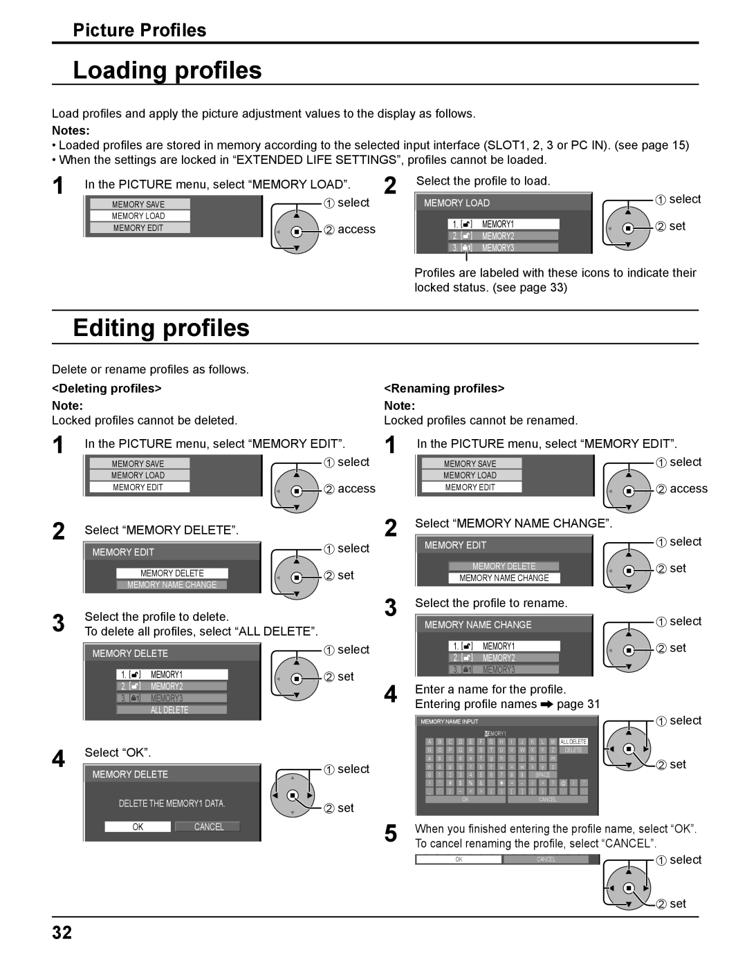 Panasonic TH-85PF12U operating instructions Loading proﬁles, Editing proﬁles, Deleting proﬁles Note, Renaming proﬁles 