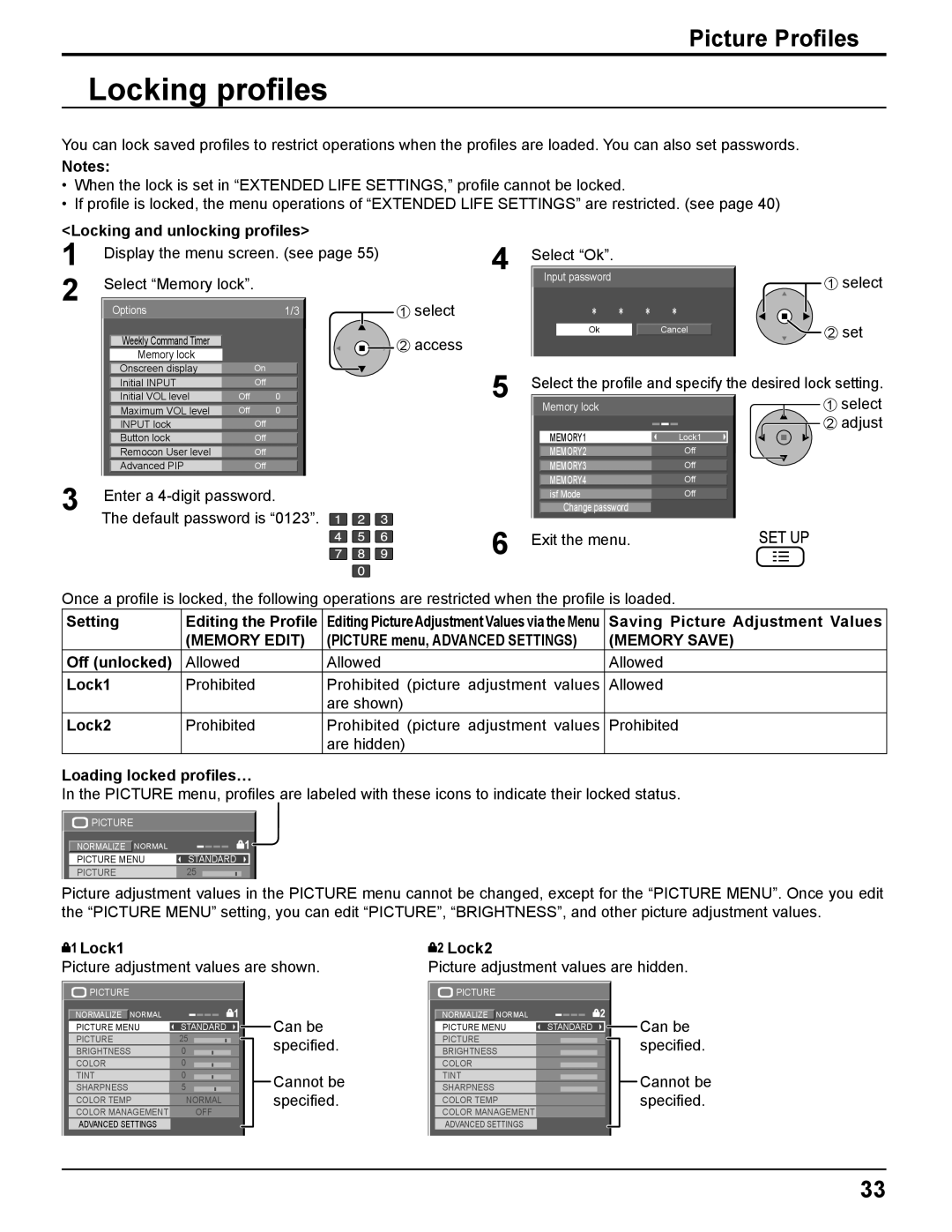 Panasonic TH-85PF12U operating instructions Locking proﬁles, Memory Edit, Memory Save 