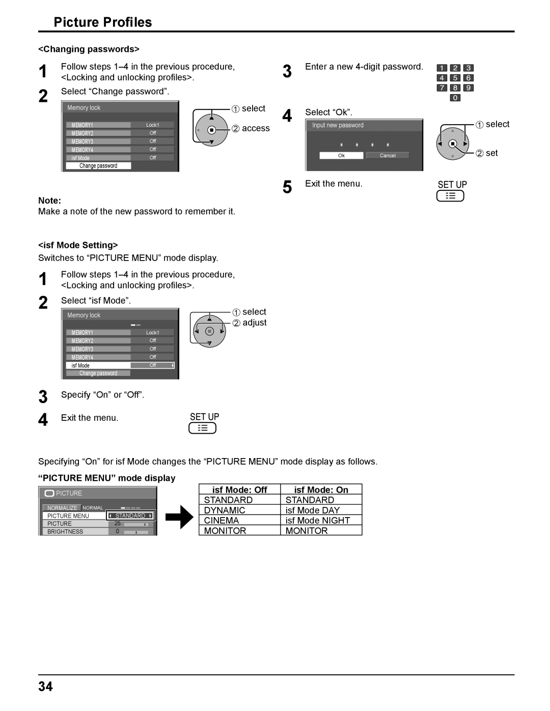 Panasonic TH-85PF12U Changing passwords, Isf Mode Setting, Picture Menu mode display, Isf Mode Off Isf Mode On 