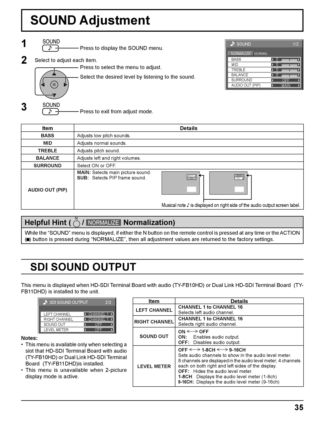 Panasonic TH-85PF12U operating instructions Sound Adjustment, SDI Sound Output 