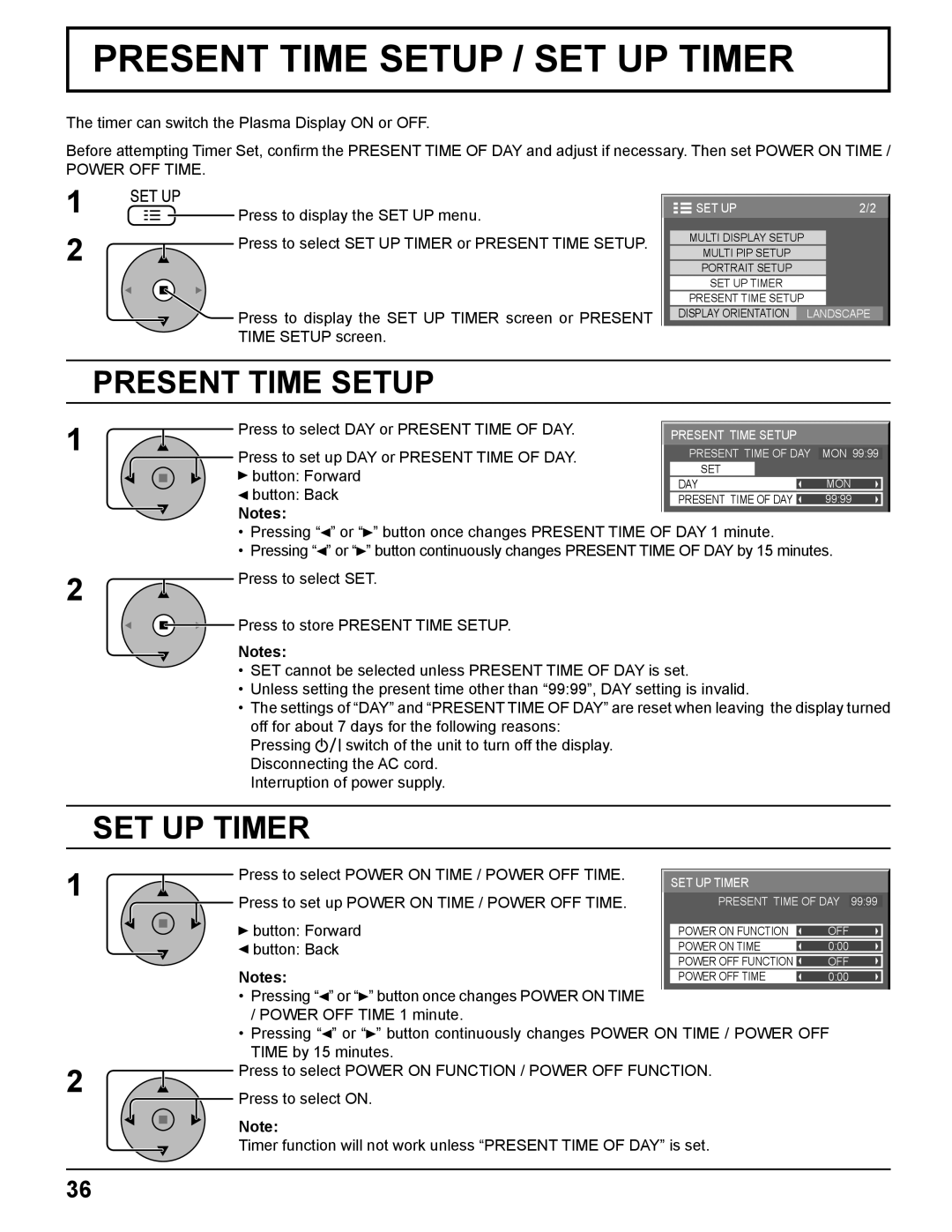 Panasonic TH-85PF12U operating instructions Present Time Setup, SET UP Timer, Power OFF Time 