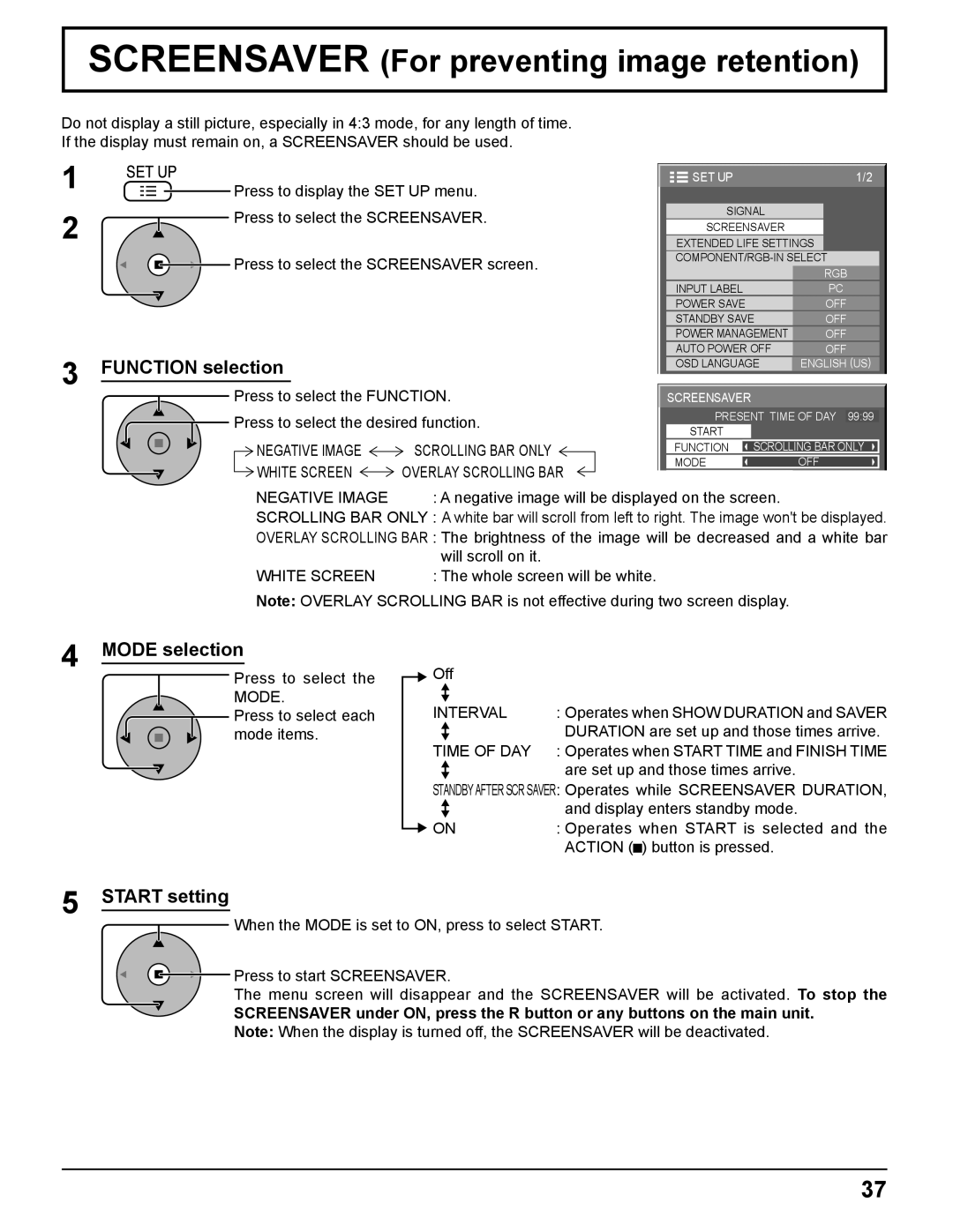 Panasonic TH-85PF12U Screensaver For preventing image retention, Function selection, Mode selection, Start setting 