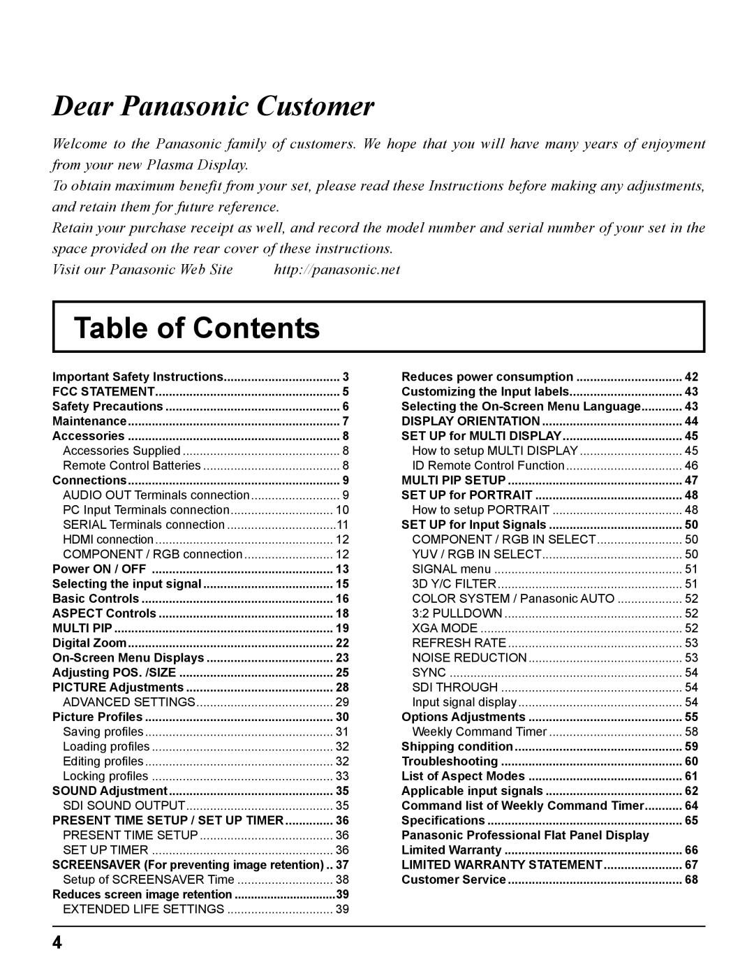 Panasonic TH-85PF12U operating instructions Table of Contents 