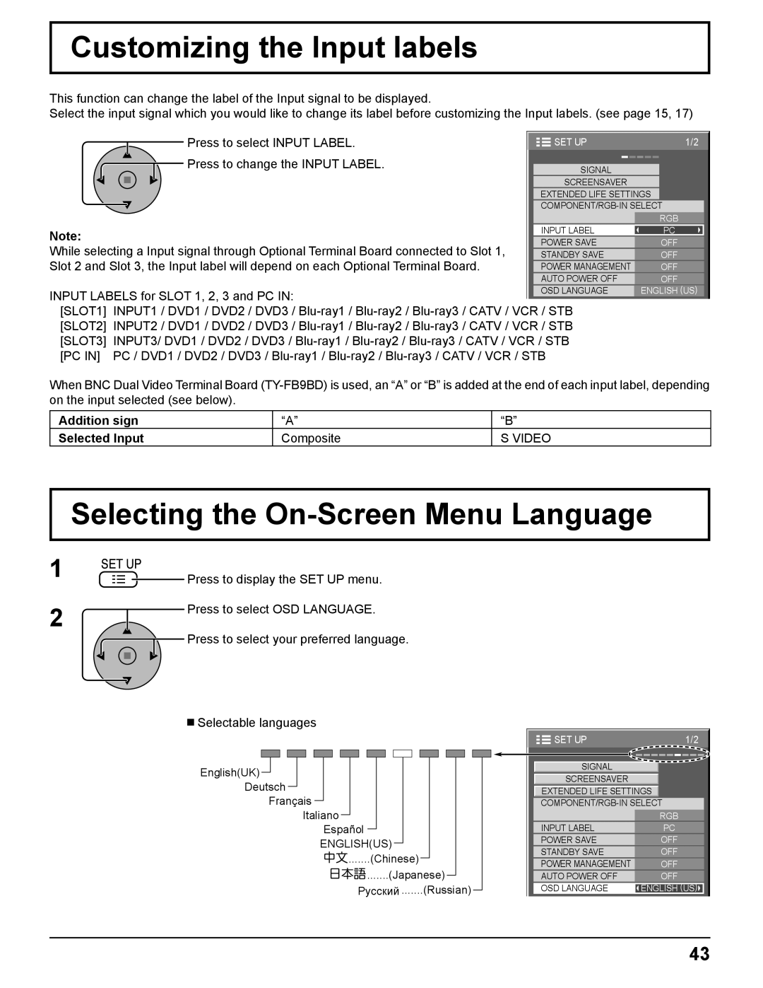 Panasonic TH-85PF12U Customizing the Input labels, Selecting the On-Screen Menu Language, SLOT3, Video 