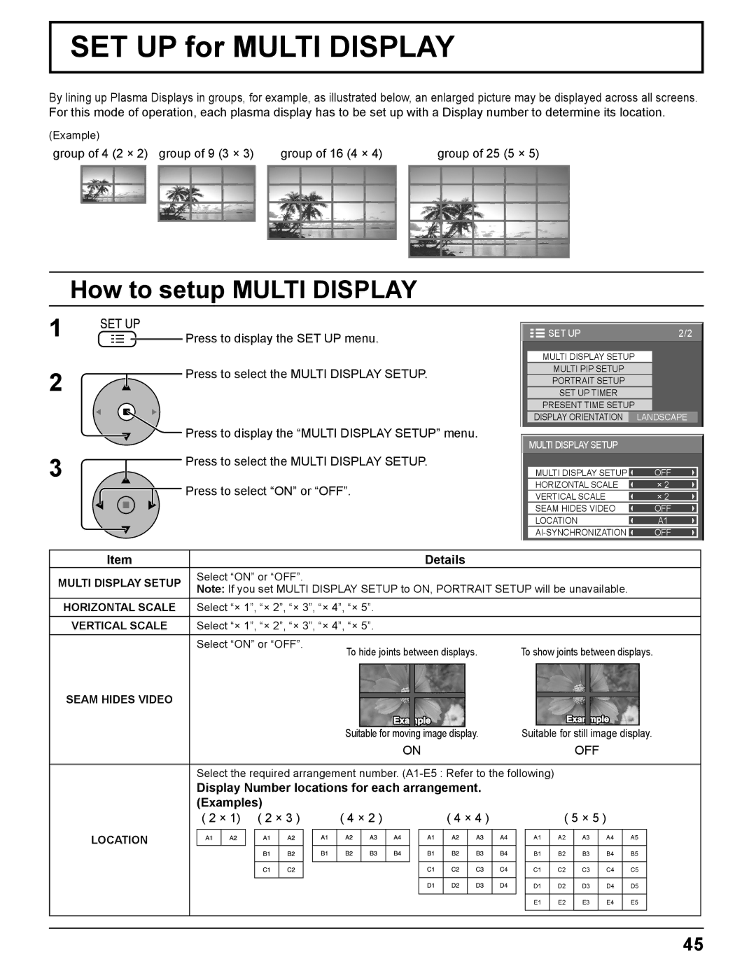 Panasonic TH-85PF12U operating instructions SET UP for Multi Display, How to setup Multi Display 