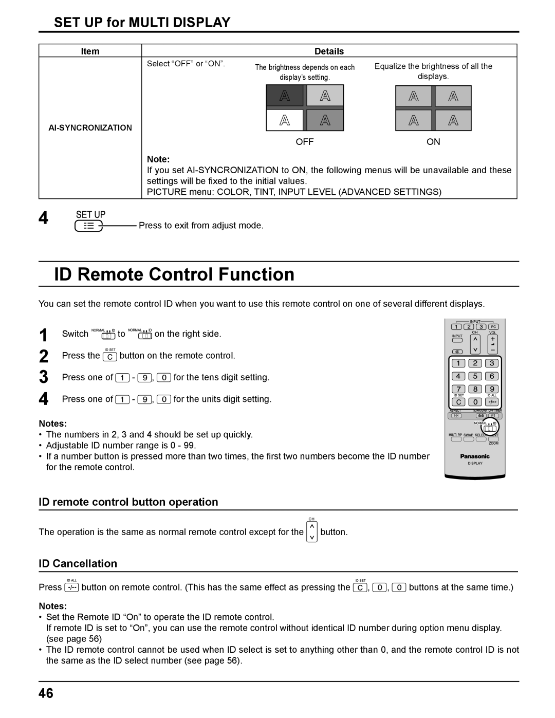 Panasonic TH-85PF12U ID Remote Control Function, SET UP for Multi Display, ID remote control button operation, Off 