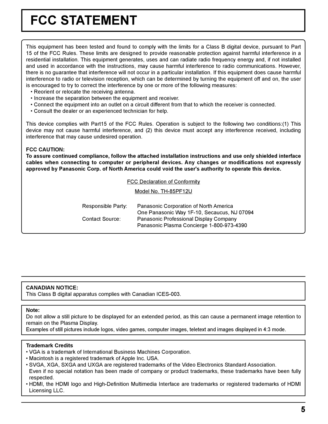 Panasonic TH-85PF12U operating instructions FCC Caution, Canadian Notice, Trademark Credits 