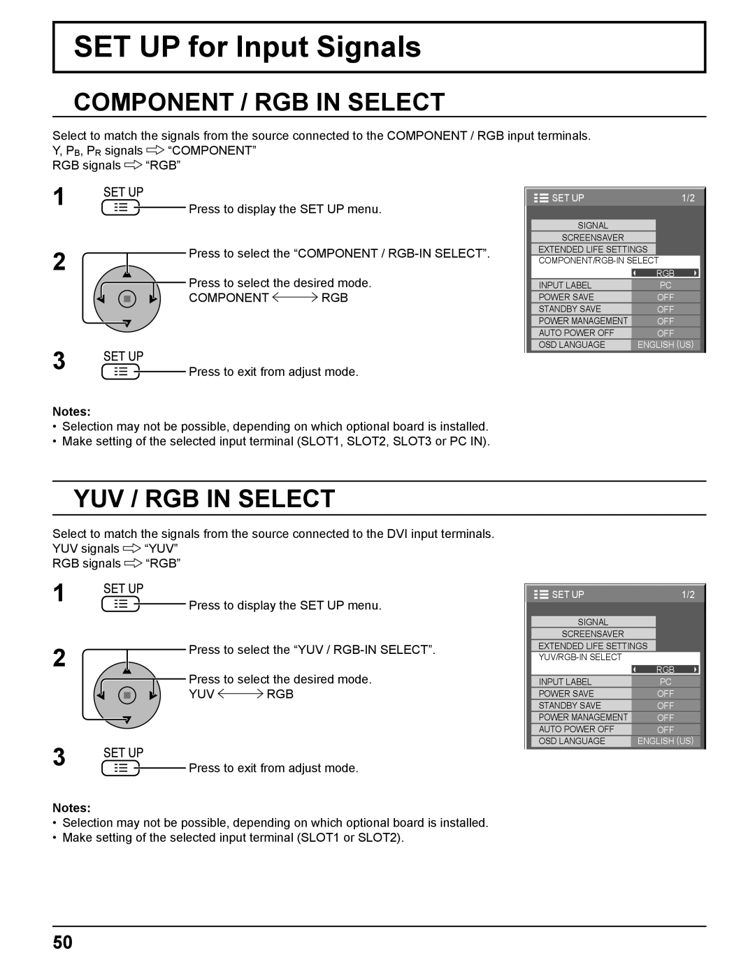 Panasonic TH-85PF12U SET UP for Input Signals, Component / RGB in Select, YUV / RGB in Select, Component RGB, Yuv Rgb 