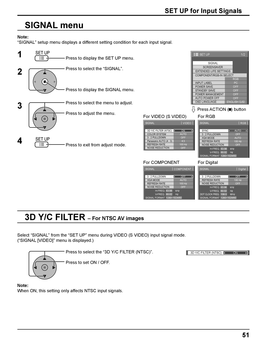 Panasonic TH-85PF12U operating instructions Signal menu, SET UP for Input Signals, 3D Y/C Filter For Ntsc AV images 