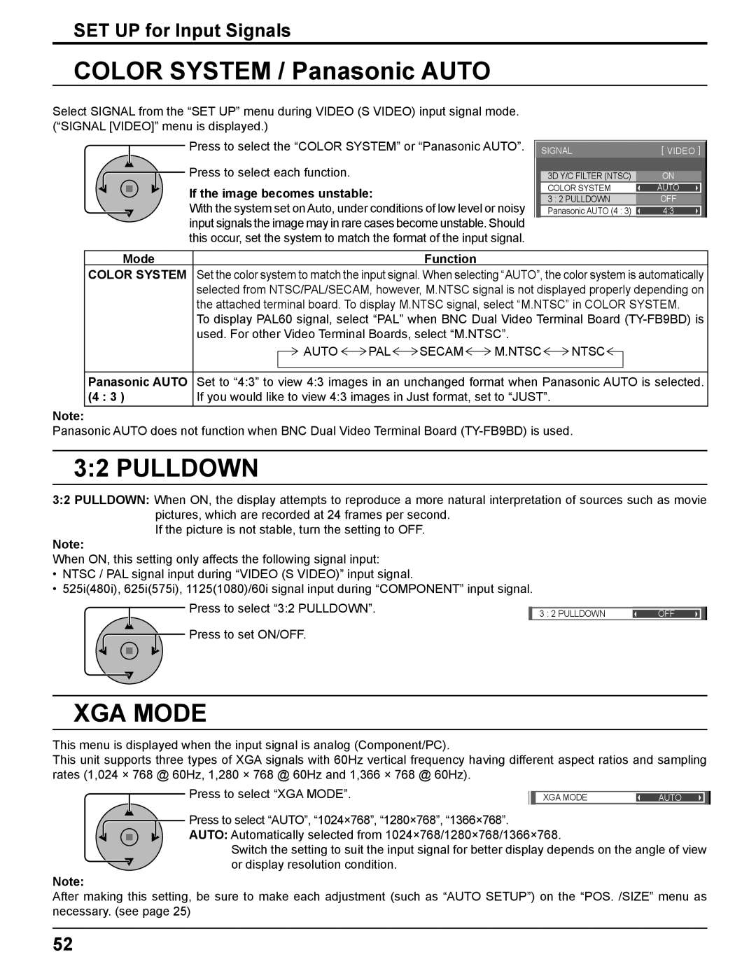 Panasonic TH-85PF12U operating instructions Color System / Panasonic Auto, Pulldown, XGA Mode 