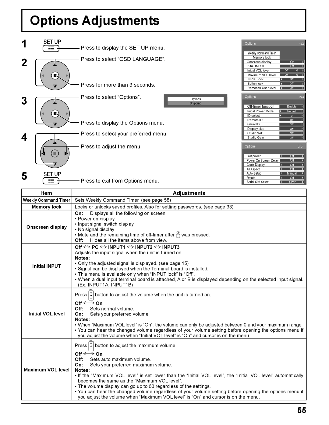 Panasonic TH-85PF12U operating instructions Options Adjustments 