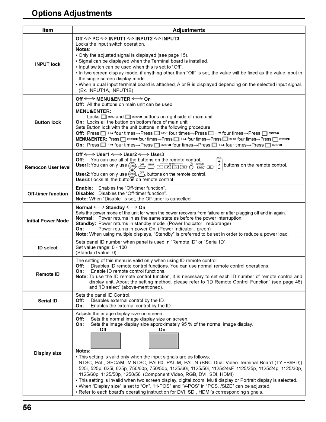 Panasonic TH-85PF12U operating instructions Options Adjustments, Button lock 