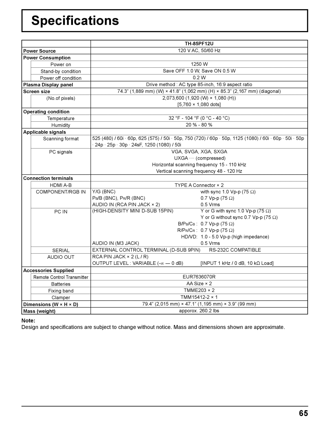 Panasonic TH-85PF12U operating instructions Speciﬁcations, Screen size 