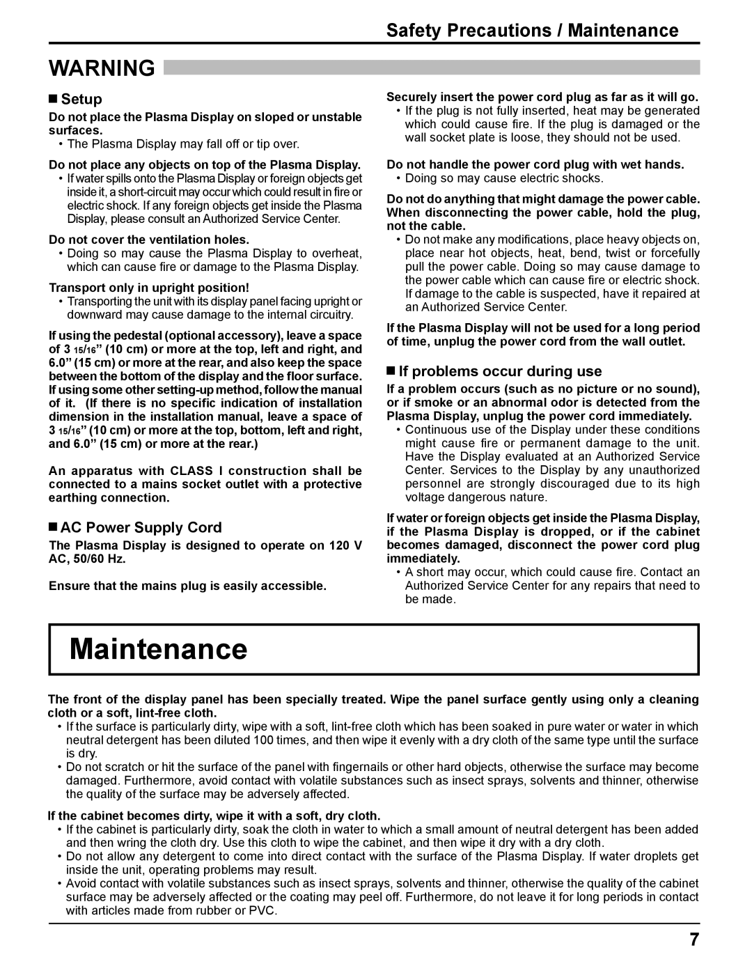 Panasonic TH-85PF12U Safety Precautions / Maintenance, Setup, AC Power Supply Cord, If problems occur during use 