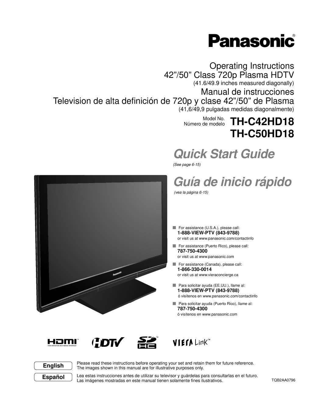 Panasonic TH-C50HD18, TH-C42HD18 quick start Operating Instructions 42/50 Class 720p Plasma Hdtv, View-Ptv 