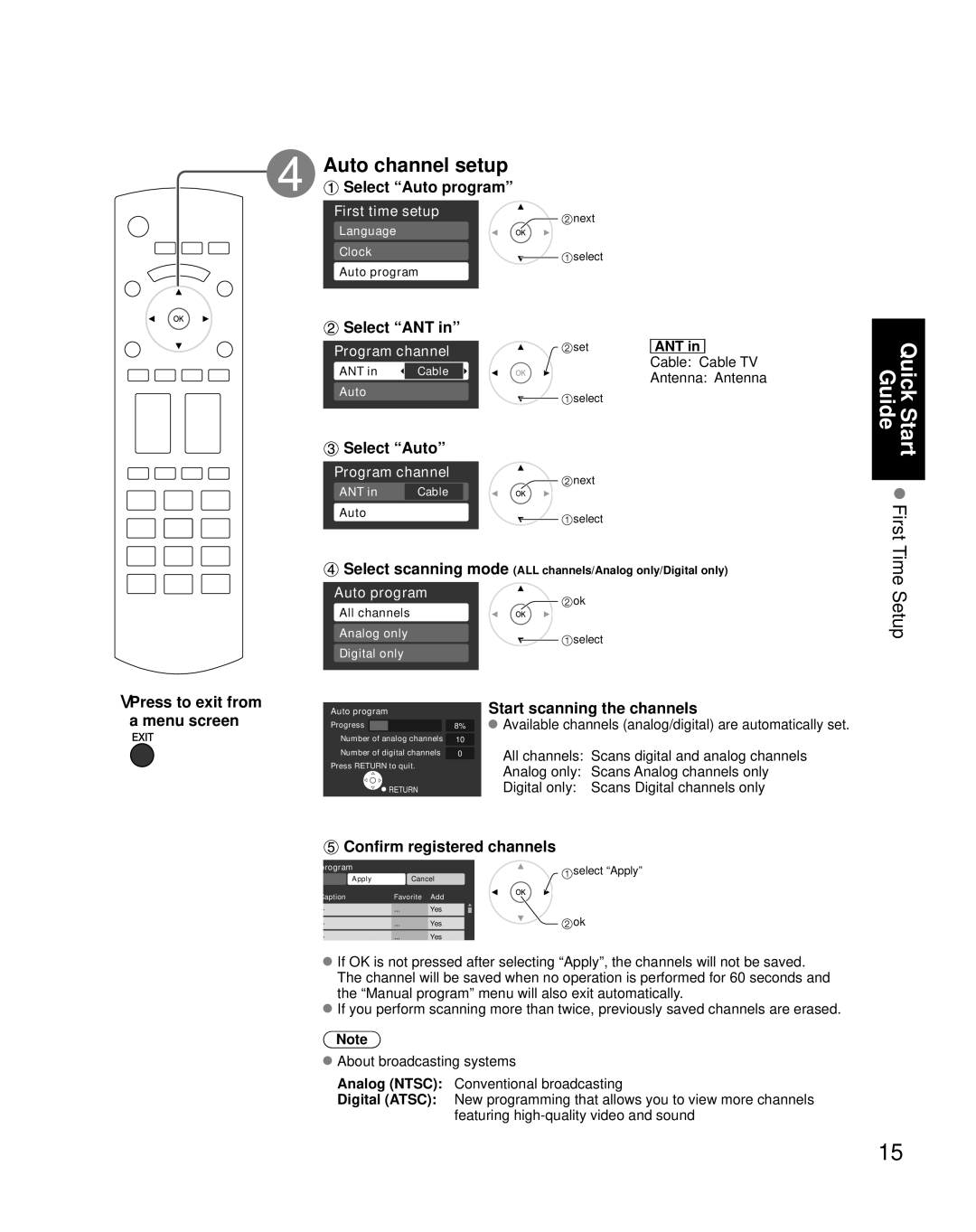 Panasonic TH-C50HD18, TH-C42HD18 quick start Auto channel setup 