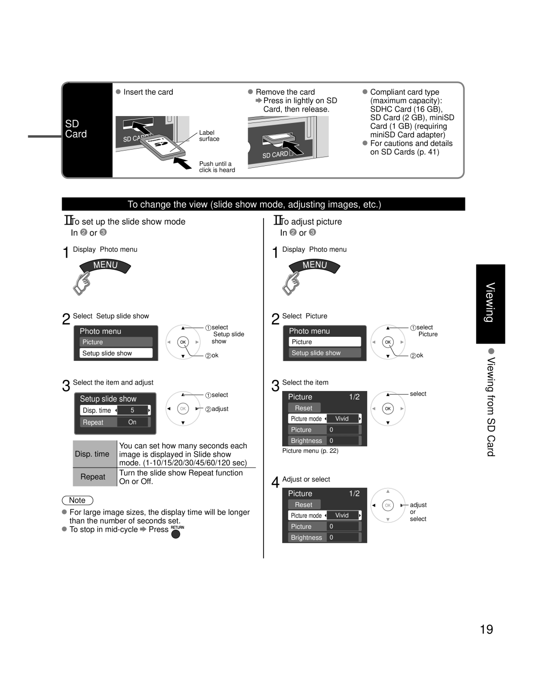 Panasonic TH-C50HD18 Card, To change the view slide show mode, adjusting images, etc, To set up the slide show mode 