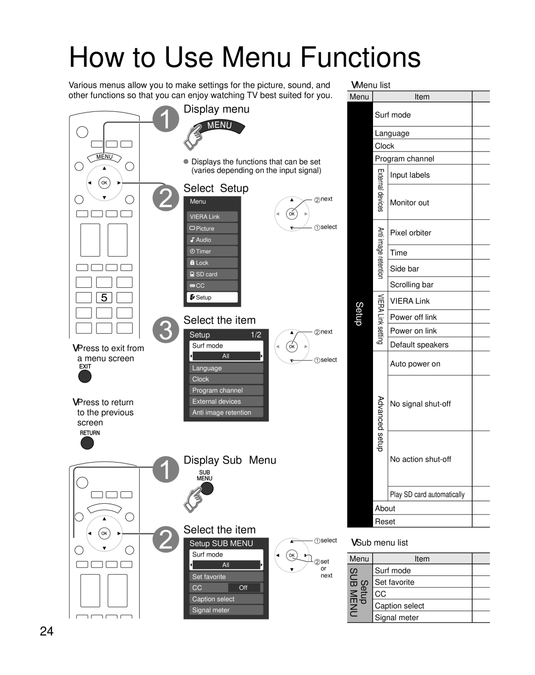 Panasonic TH-C42HD18, TH-C50HD18 quick start Display Sub Menu, Sub menu list, Setup SUB Menu 