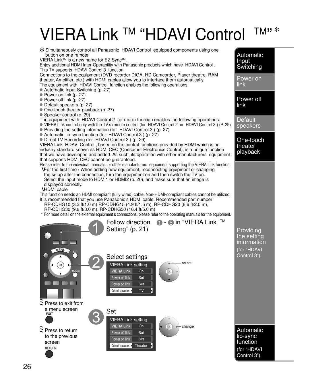 Panasonic TH-C42HD18 Select settings, Automatic Input Switching, Setting p Providing the setting information 