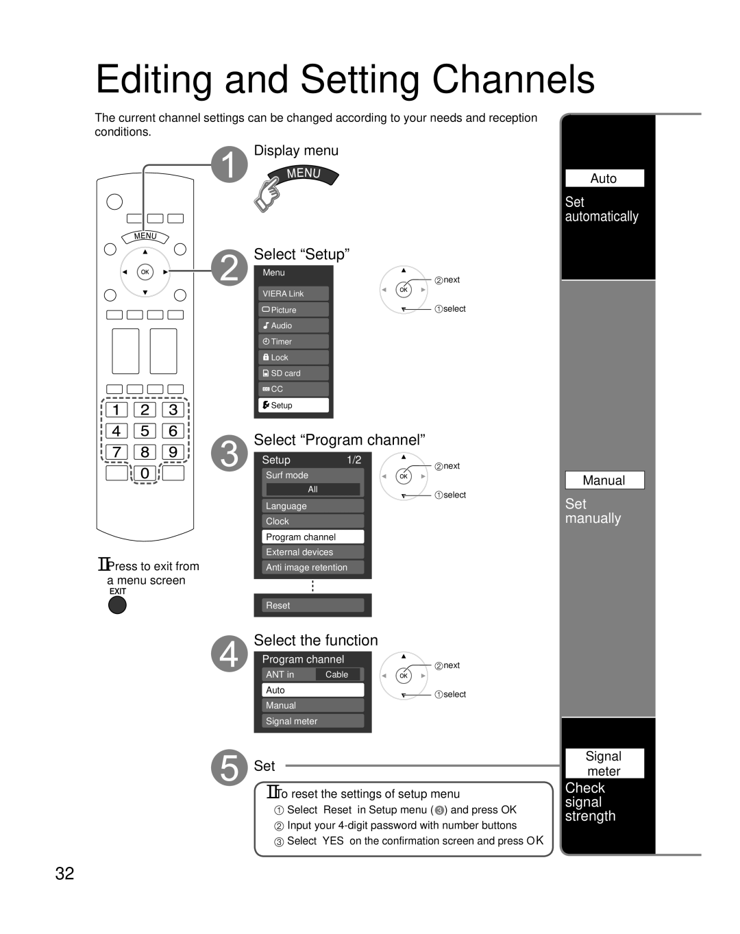 Panasonic TH-C42HD18, TH-C50HD18 quick start Editing and Setting Channels, Select Program channel, Select the function 