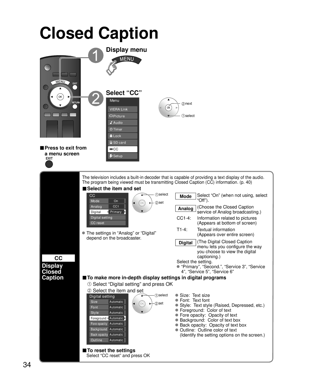 Panasonic TH-C42HD18, TH-C50HD18 quick start Display menu Select CC, Display Closed Caption 