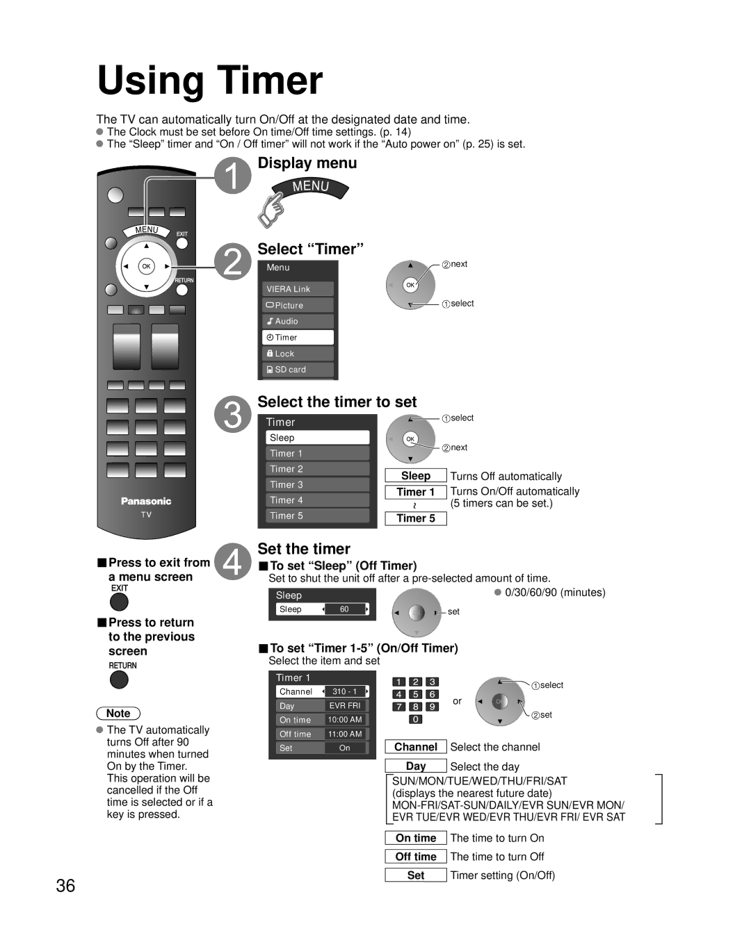 Panasonic TH-C42HD18, TH-C50HD18 quick start Using Timer, Display menu Select Timer, Select the timer to set, Set the timer 