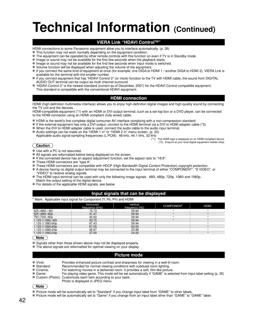 Panasonic TH-C42HD18 Viera Link Hdavi ControlTM, Hdmi connection, Input signals that can be displayed, Picture mode 