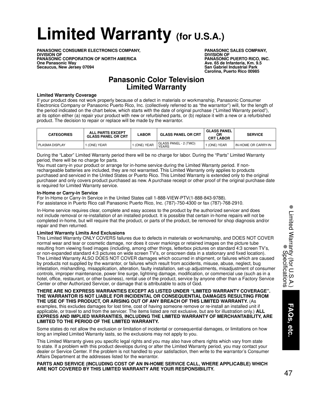 Panasonic TH-C50HD18, TH-C42HD18 Limited Warranty for U.S.A, Limited Warranty Coverage, In-Home or Carry-in Service 