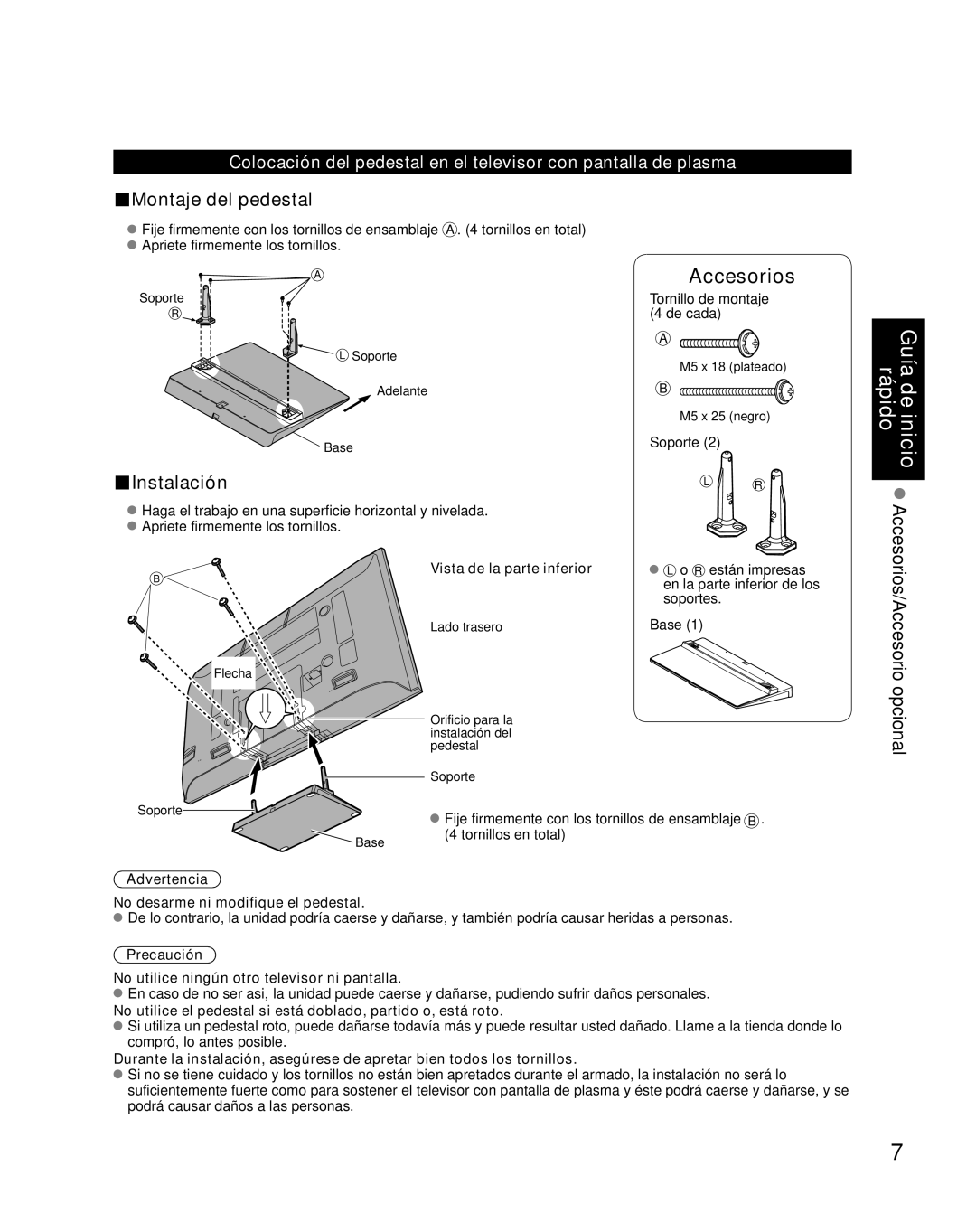 Panasonic TH-C50HD18, TH-C42HD18 quick start Montaje del pedestal, Instalación, Vista de la parte inferior 