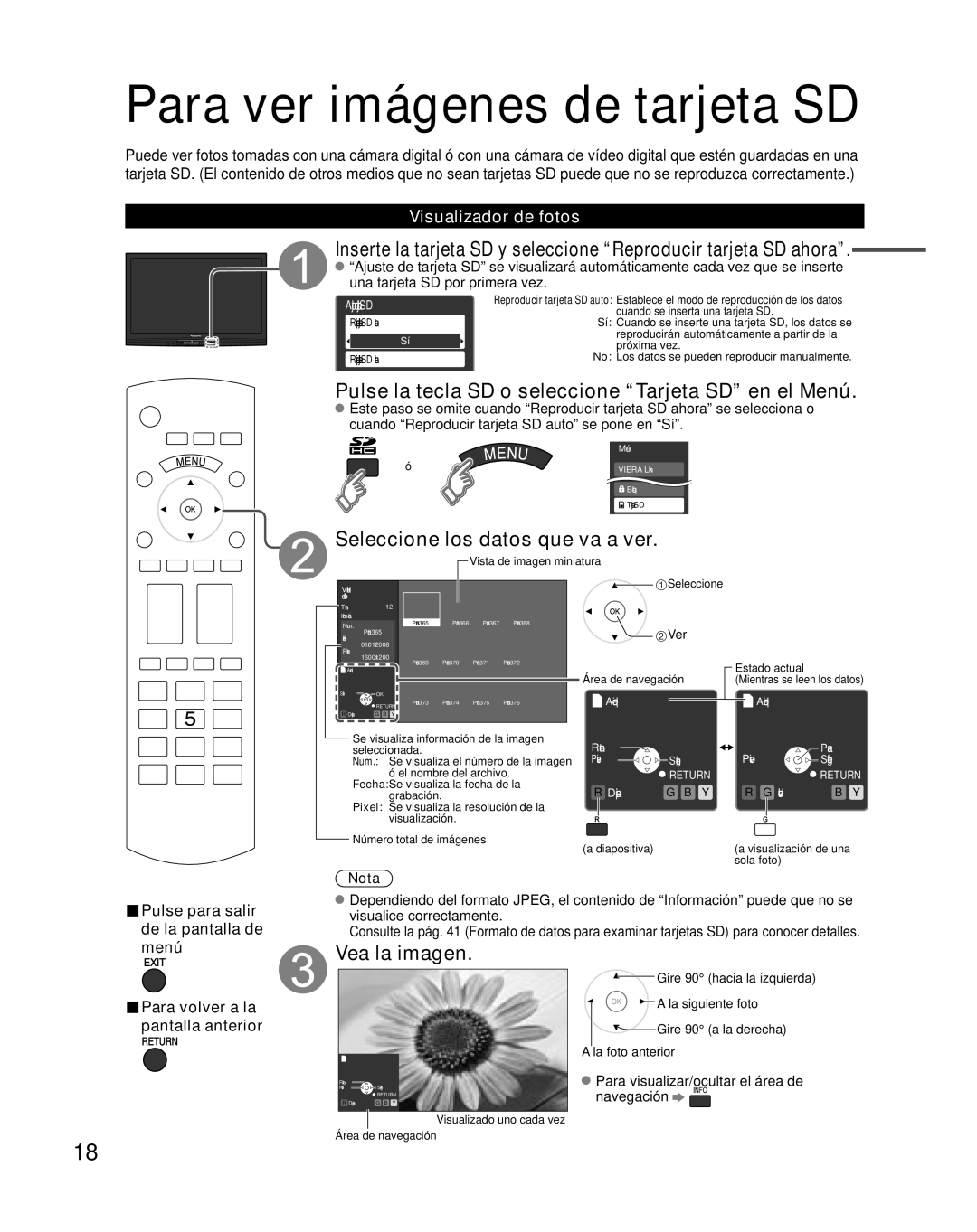 Panasonic TH-C42HD18 Para ver imágenes de tarjeta SD, Pulse la tecla SD o seleccione Tarjeta SD en el Menú, Vea la imagen 